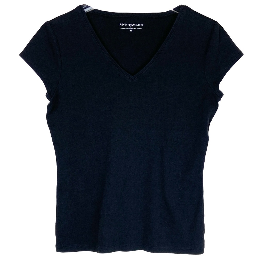 ANN TAYLOR V-Neck Black Short Sleeve Top Medium